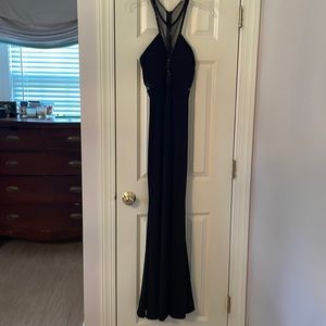 Black open back beaded evening gown